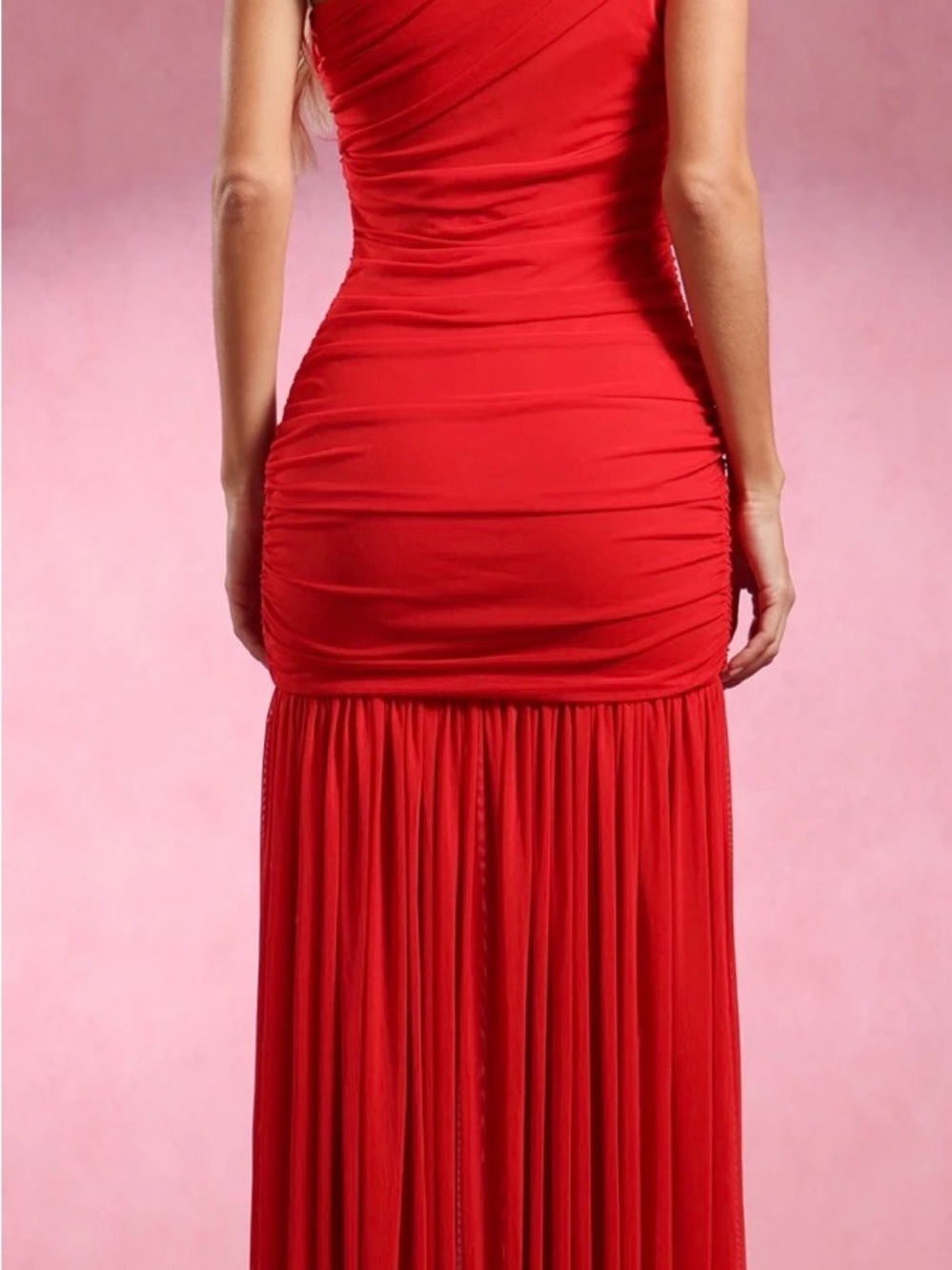 Red One-Shoulder Ruched Evening Dress - Picture 5 of 6